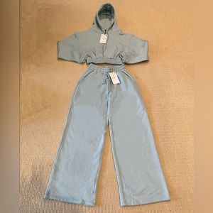 Zara Blue Cropped Hoodie and Wide-Leg Pants Set